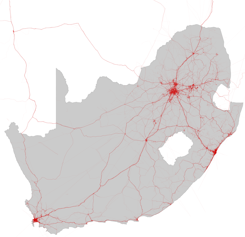 A single day's GPS traces of commercial vehicles across South Africa.