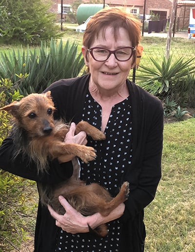 Brown Yorkie in the arms of a smiling older woman wearing glasses and standing in a garden