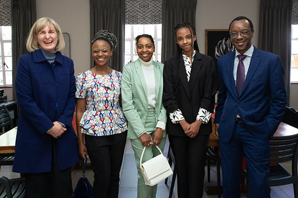 Head of the Centre for Language Learning Dr Trish Cooper, English as a Foreign Language (EFL) teachers Siphesihle Mncube and Jessica Makhari, advanced EFL student Ketsia Kijege and UP Vice-Chancellor Prof Tawana Kupe.