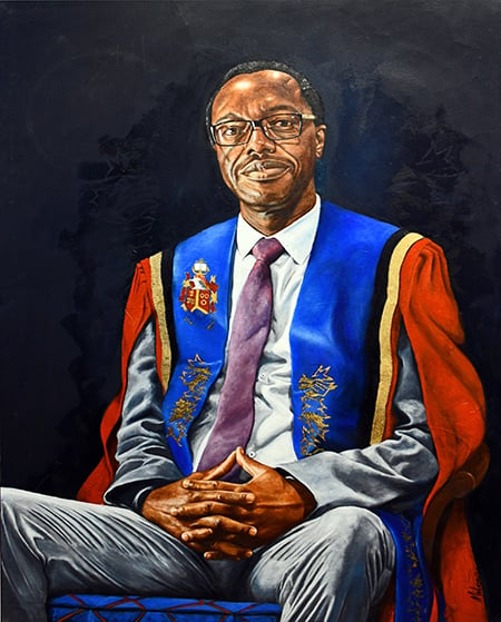 An oil-on-canvas portrait of University of a seated Pretoria Vice-Chancellor and Principal Professor Tawana Kupe  wearing a grey suit and blue and red academic robes.