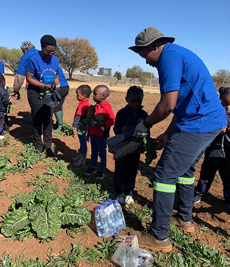 Children learning harvesting spinach