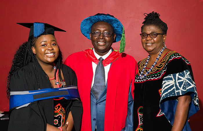 2. UP graduate Elma Akob with her father Dr Christopher Akob, Vice-Chancellor of the National Polytechnic University Institute in Cameroon; and her mother, Janet Akob, Director of Postgraduate Programmes at the National Polytechnic University Institute.
