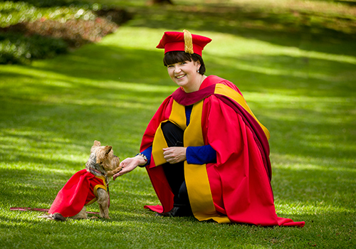 Maltese-Yorkshire Terrier cross Morkie with UP graduate Dr Suné Scholtz.