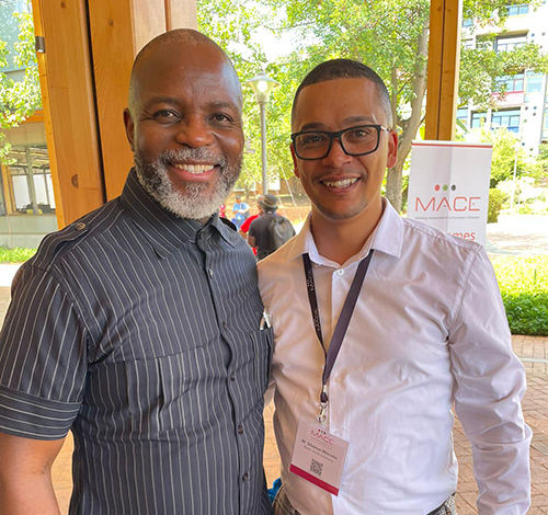 Founder and chairman of Brand Africa and Brand Leadership Thebe Ikalafeng (left), who gave the keynote address, with  Silvanus Welcome, MACE National Chairperson (right).