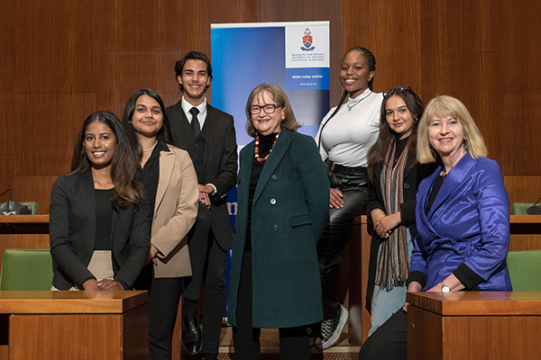 Vedanta Ramasary, Muskaan Singh, ChaunD du Plessis, Faculty of Law Dean Prof Elsabe Schoeman, Yonela Vayo, Gracie Sargood and Prof Ann Skelton, who is UNESCO Chair of Education Law in Africa at UP and Chairperson of the United Nations Committee on the Rights of the Child.