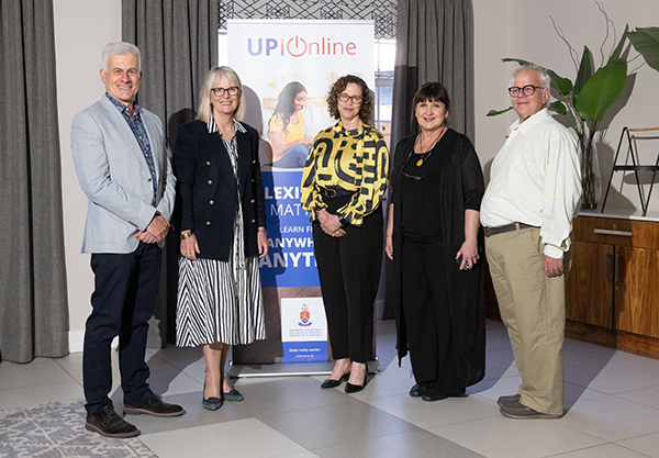 From left: Nicholas Kendall, Chief Executive Officer of HEPSA; Prof Carolina Koornhof, Executive Director (Finance and Business Activities at  UP); Prof Loretta Feris, Vice-Principal: Academic; Prof Linda van Ryneveld, Director of Comprehensive Online Education Services; and Prof Johan Wassermann, Head of the Department Humanities Education.