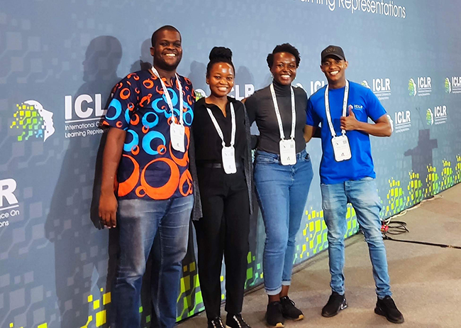 • UP’s Prof Vukosi Marivate with master’s students Rozina Myoya, Kathleen Siminyu and Thapelo Sindane at the 2023 International Conference on Learning Representations (ICLR). 
