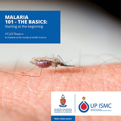 A  University of Pretoria Institute for Sustainable Malaria Control-branded extreme close-up image of a mosquito on a patch of skin