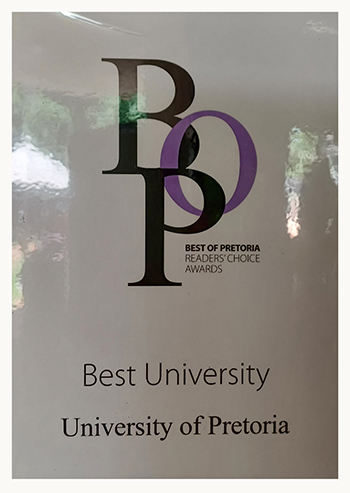 The certificate presented to UP for being the Best University in Pretoria.