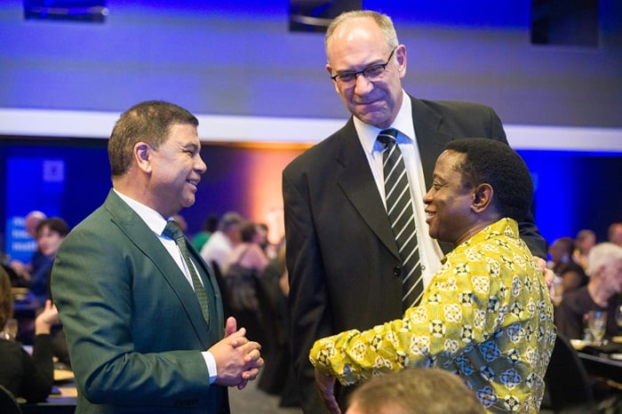 From left to right: Prof Francis Petersen, Vice-Chancellor and Principal; Prof Tiaan de Jager, Dean of Faculty of Health Sciences; Prof Mike Sathekge, Head of Department of Nuclear Medicine