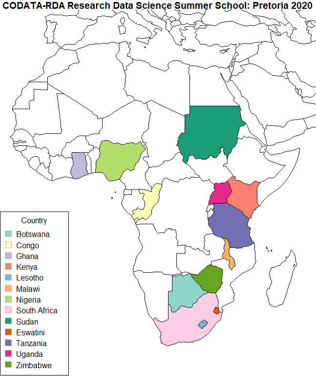 Participants per region for the CODATA RDA Summerschool 2020 at UP