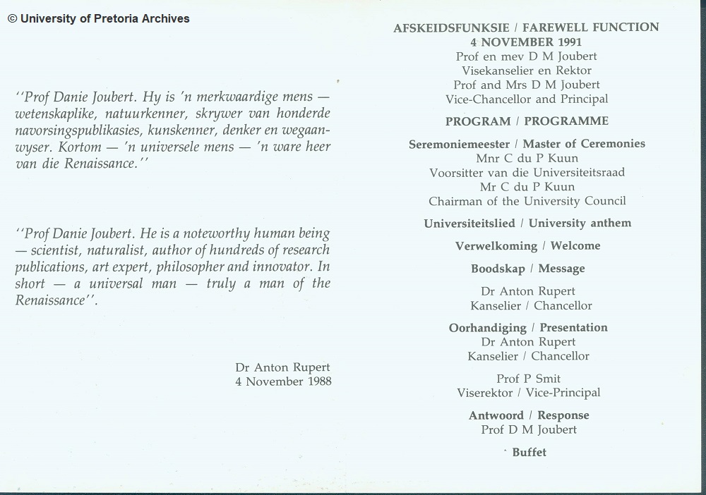 Farewell program, Prof Danie Joubert