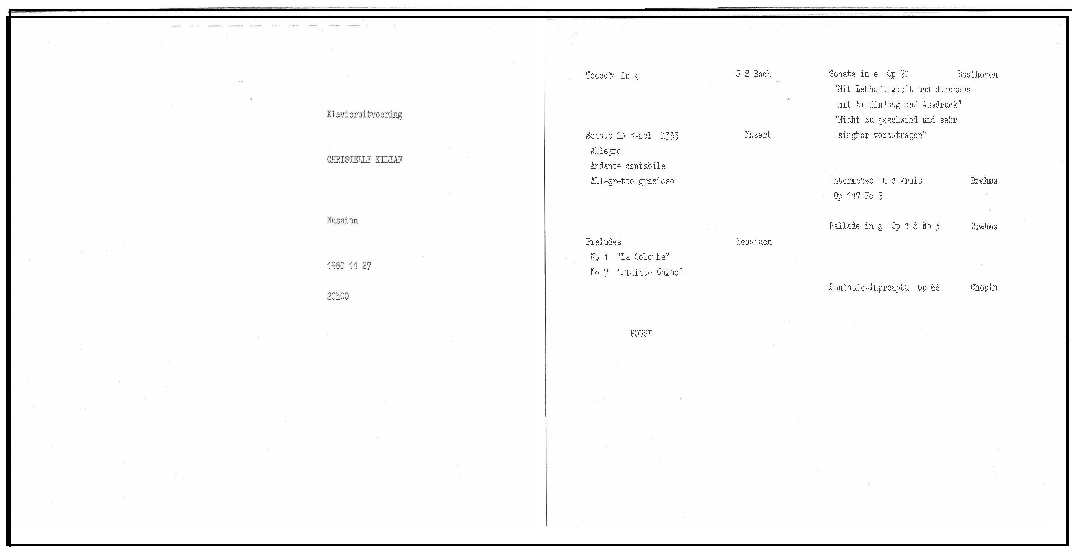 Piano recital in the Musaion 27 November 1980