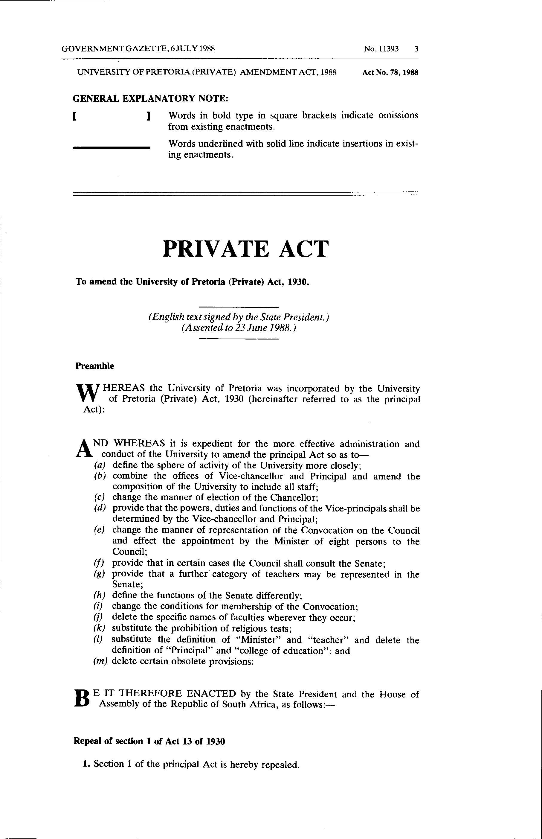 University of Pretoria Private Amendment Act (Act no. 78 of 1988)