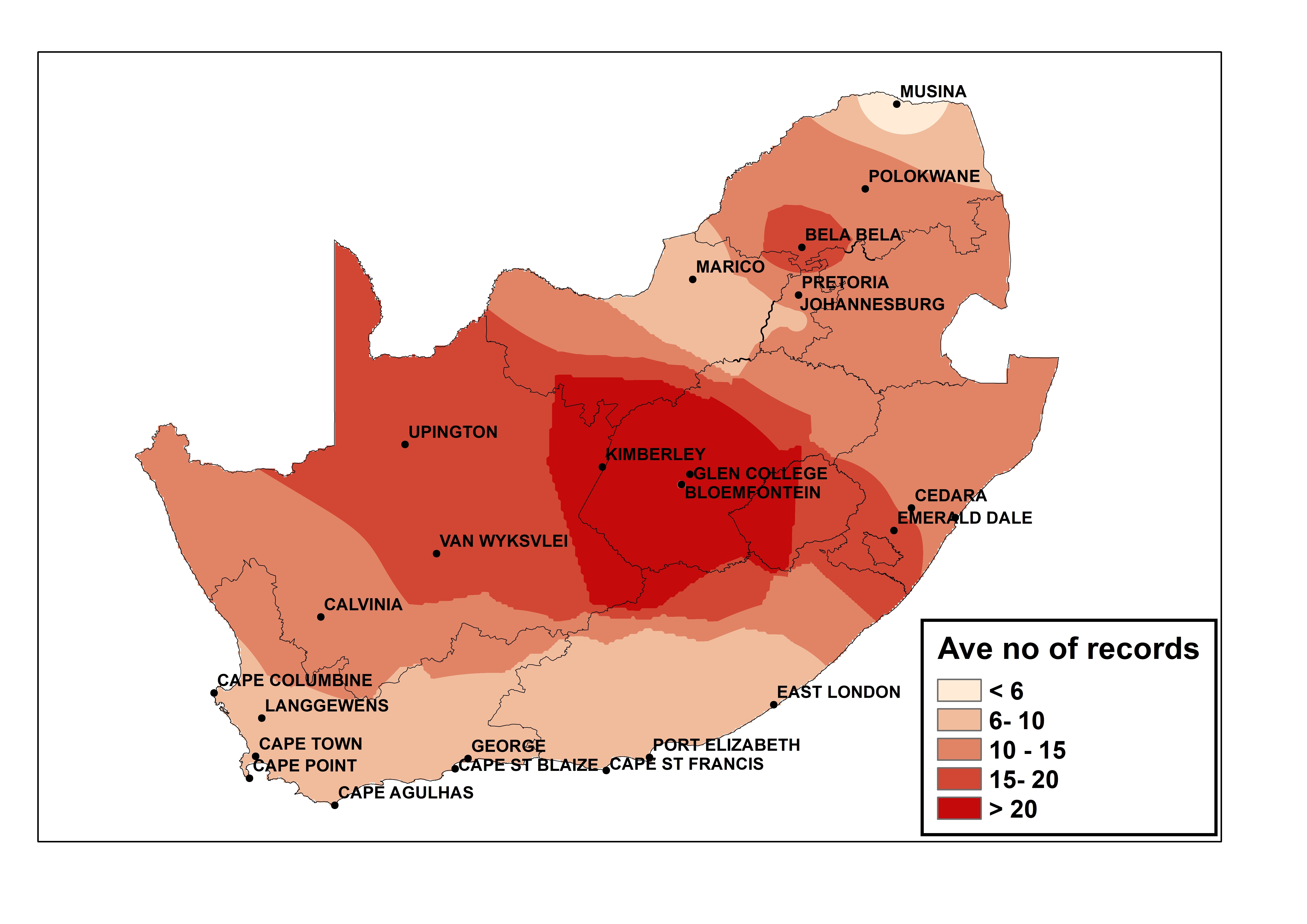 Graph: Spatial distribution of the annual average number of observed maximum temperature records for the period 2010 to 2019.