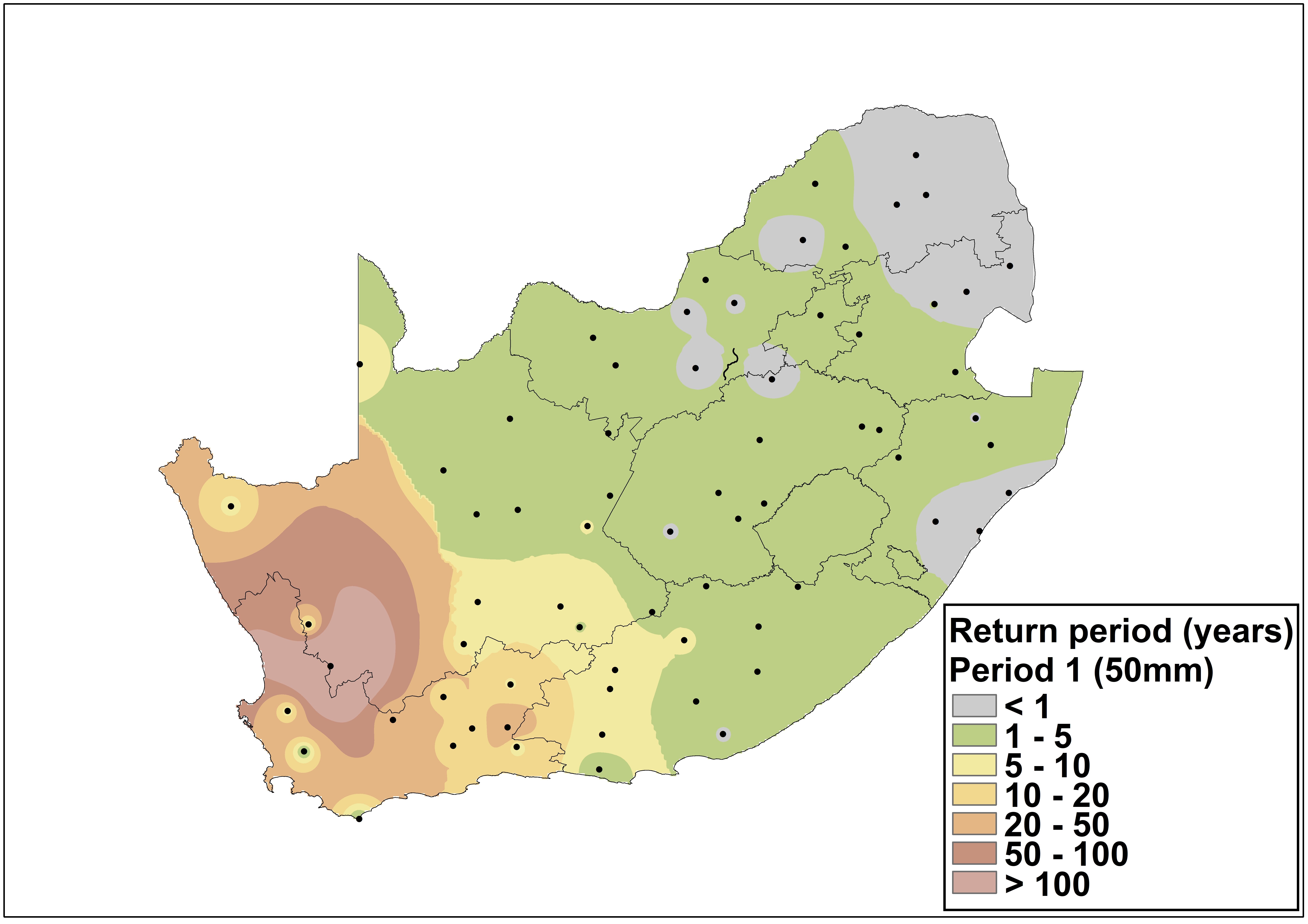 With reference to the blue areas in maps A (1 – 50-year return period) and B (1 – 100-year return period), a figure greater than 1.5, for example, indicates an increase in the return period value of about 50% or more.