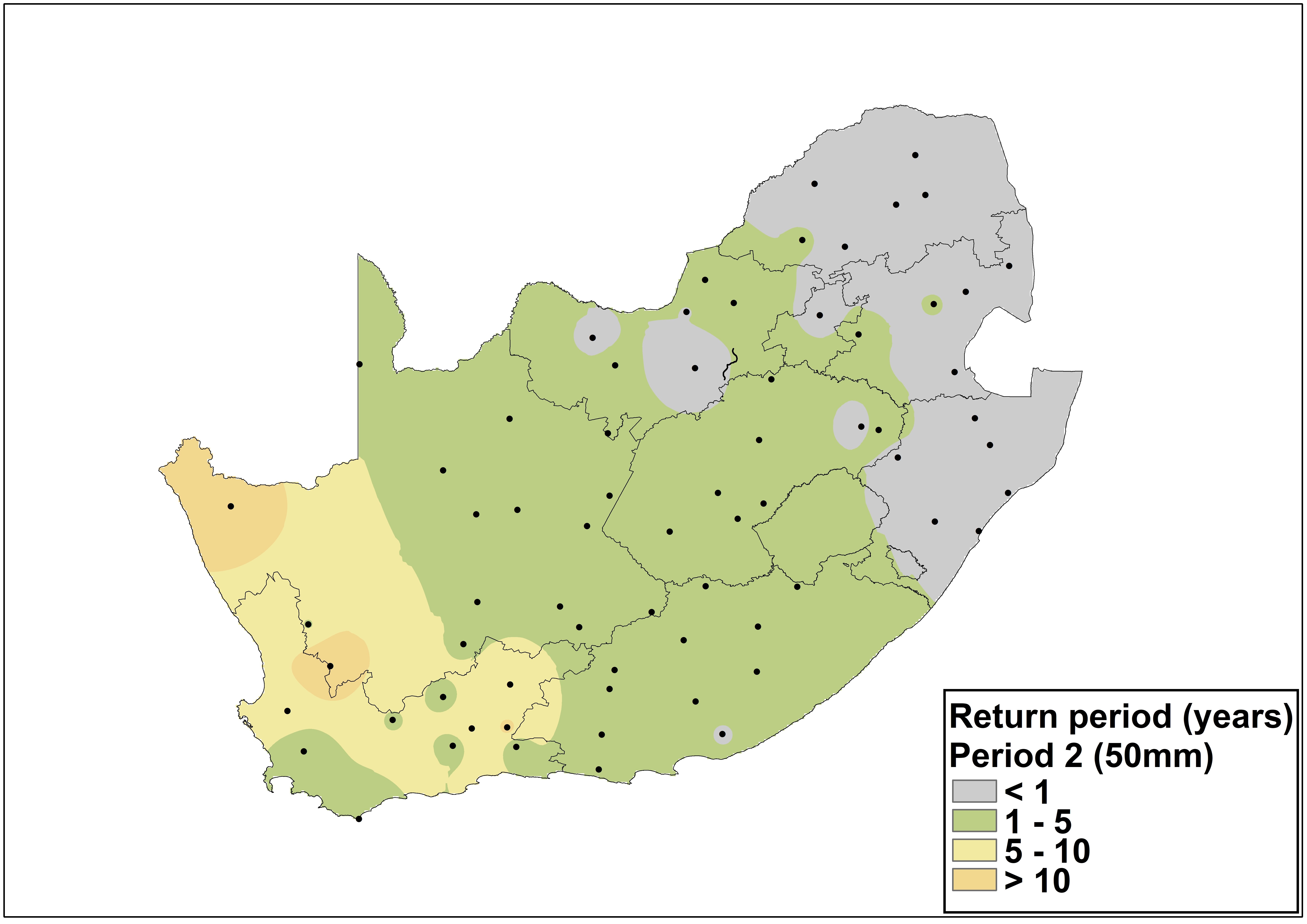 With reference to the blue areas in maps A (1 – 50-year return period) and B (1 – 100-year return period), a figure greater than 1.5, for example, indicates an increase in the return period value of about 50% or more.
