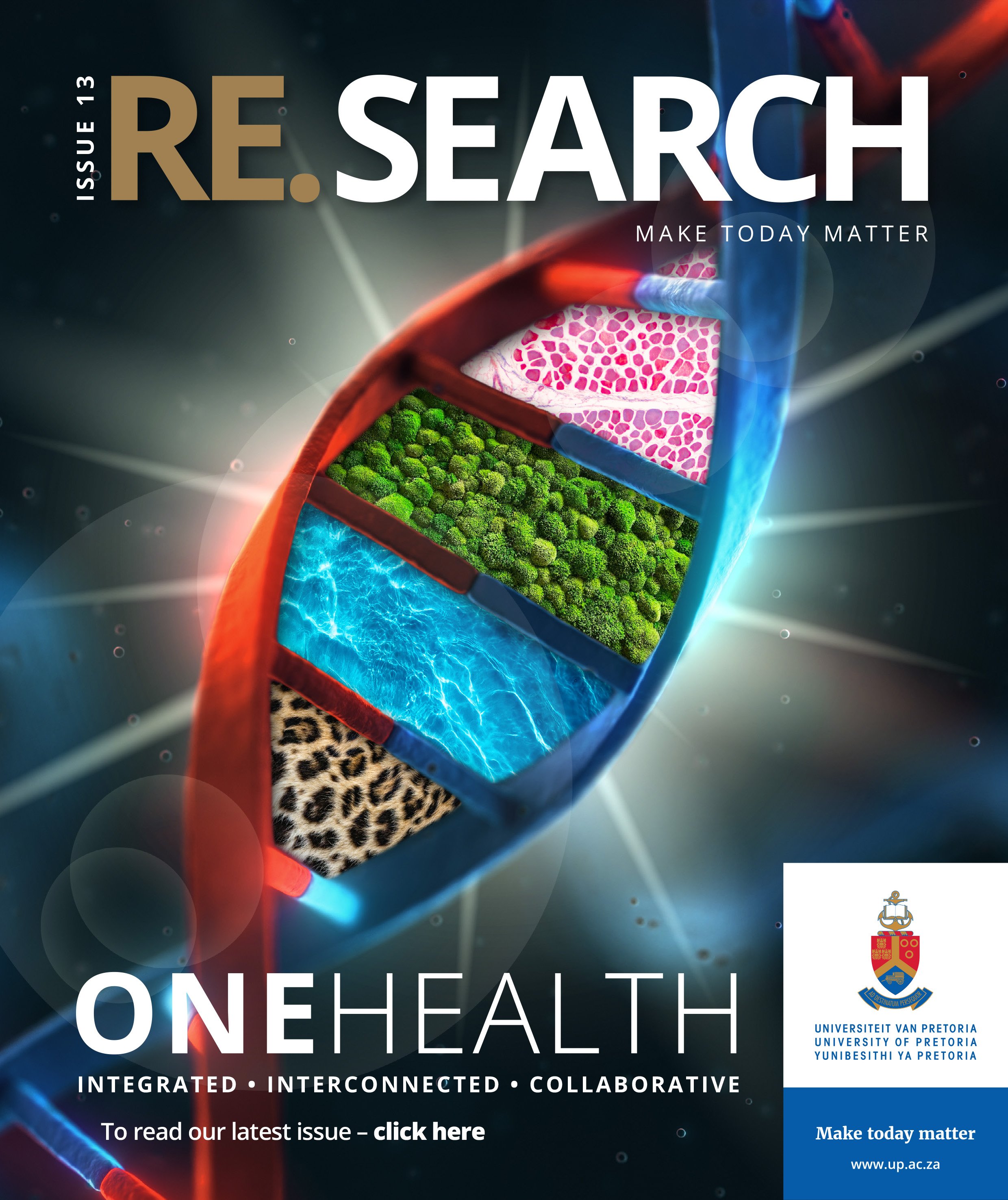 RE.SEARCH 13 click through cover showing a DNA strand with different elements of one health