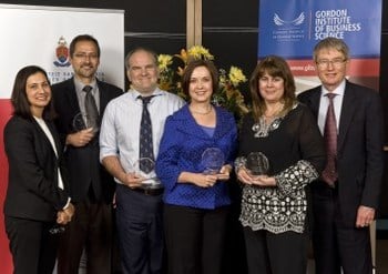 The winning team of the PAL programme. From left to right: Prof De la Rey, Vice-Chancellor and Principal, Prof Van Eck, Head: Mercantile law, Prof Theron, Head: Physics, Prof Jordaan, Head: Marketing management, Prof Van der Merwe, Head: Informatics and Prof Cook, Director: GIBS.