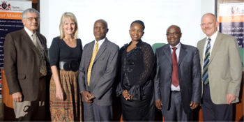 From left to right: Prof Niek Schoeman, Prof Carolina Koornhof, Mr Stewart Lumka - Head of Department: Finance, Gauteng Province, Ms Nomfundo Tshabalala, Head of Division: Gauteng Treasury,  Mr Mandla Nkomfe - Gauteng MEC for Finance, Prof Jan van Heerden